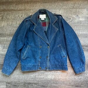 Sergio Valente Vintage‎ Denim Jacket Small Blue Plaid Lined Double Breasted 80's
